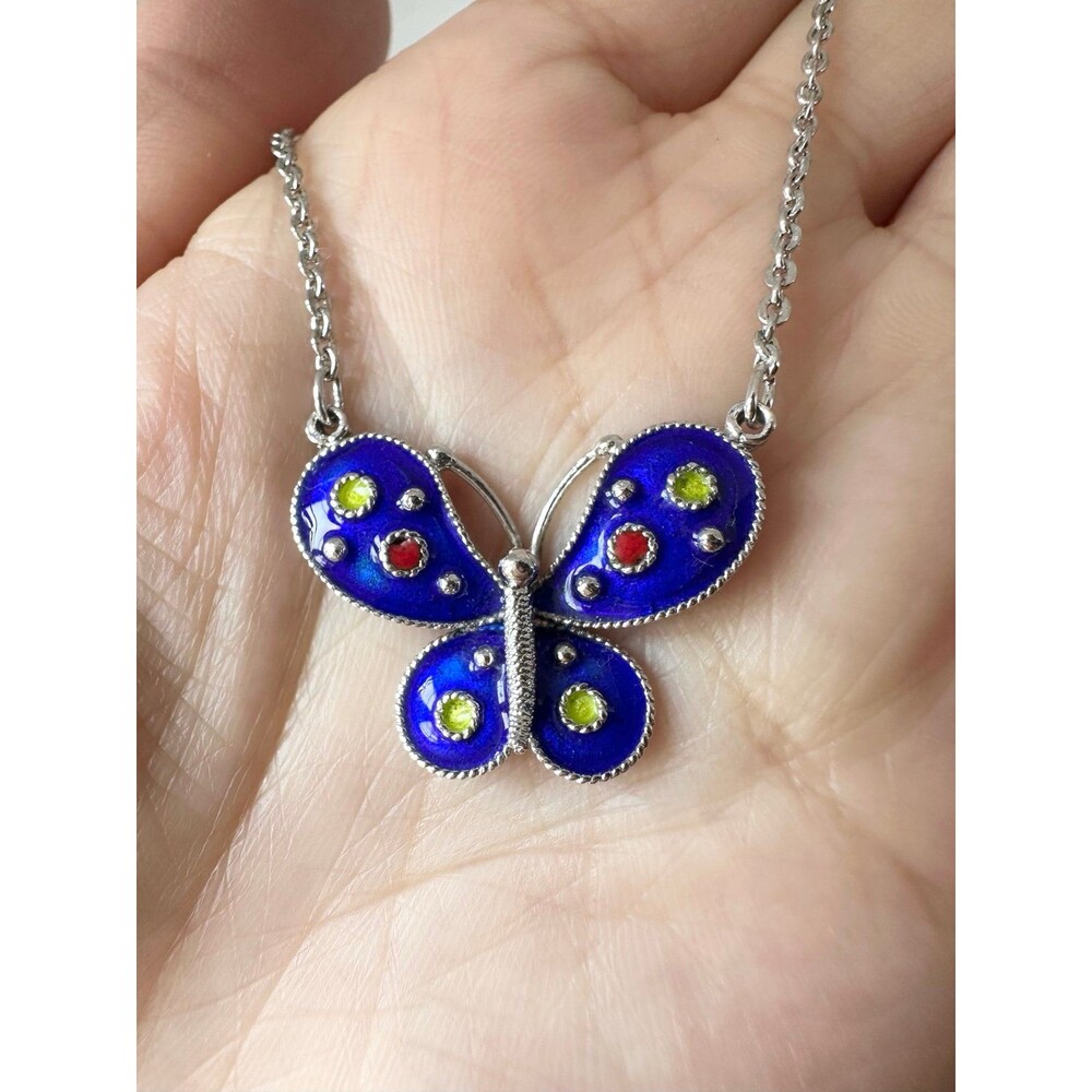 Vintage Van Lou Sterling silver blue enamel butterfly necklace 15”